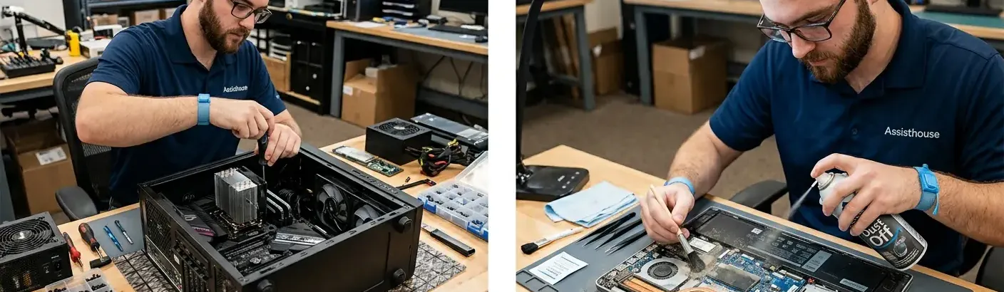 Técnico da Assisthouse realizando manutenção de computador e notebook na bancada